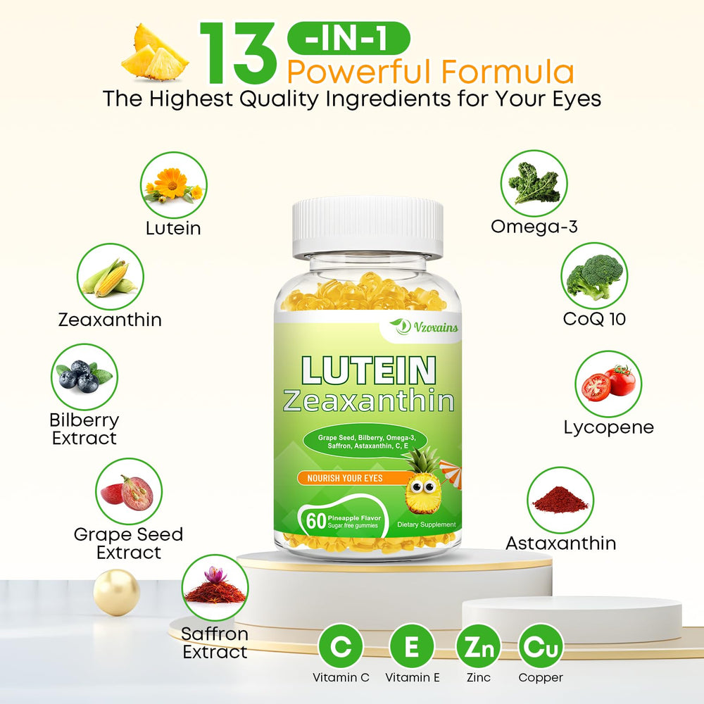 Gummy detail with supplement label highlighting AREDS2-based formula