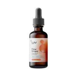 Front view of LUV health Flow Drops bottle