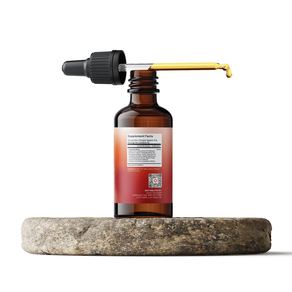 Flow Drops ingredient blend showing adaptogenic mushrooms