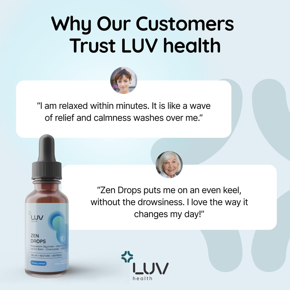 LUV Zen Drops daily-use scene shows dropper for routine relaxation