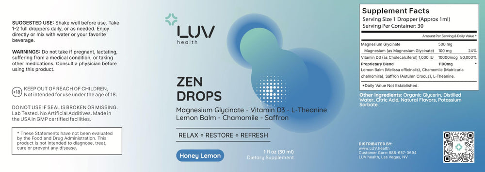 LUV Zen Drops packaging scene with box and bottle on clean surface