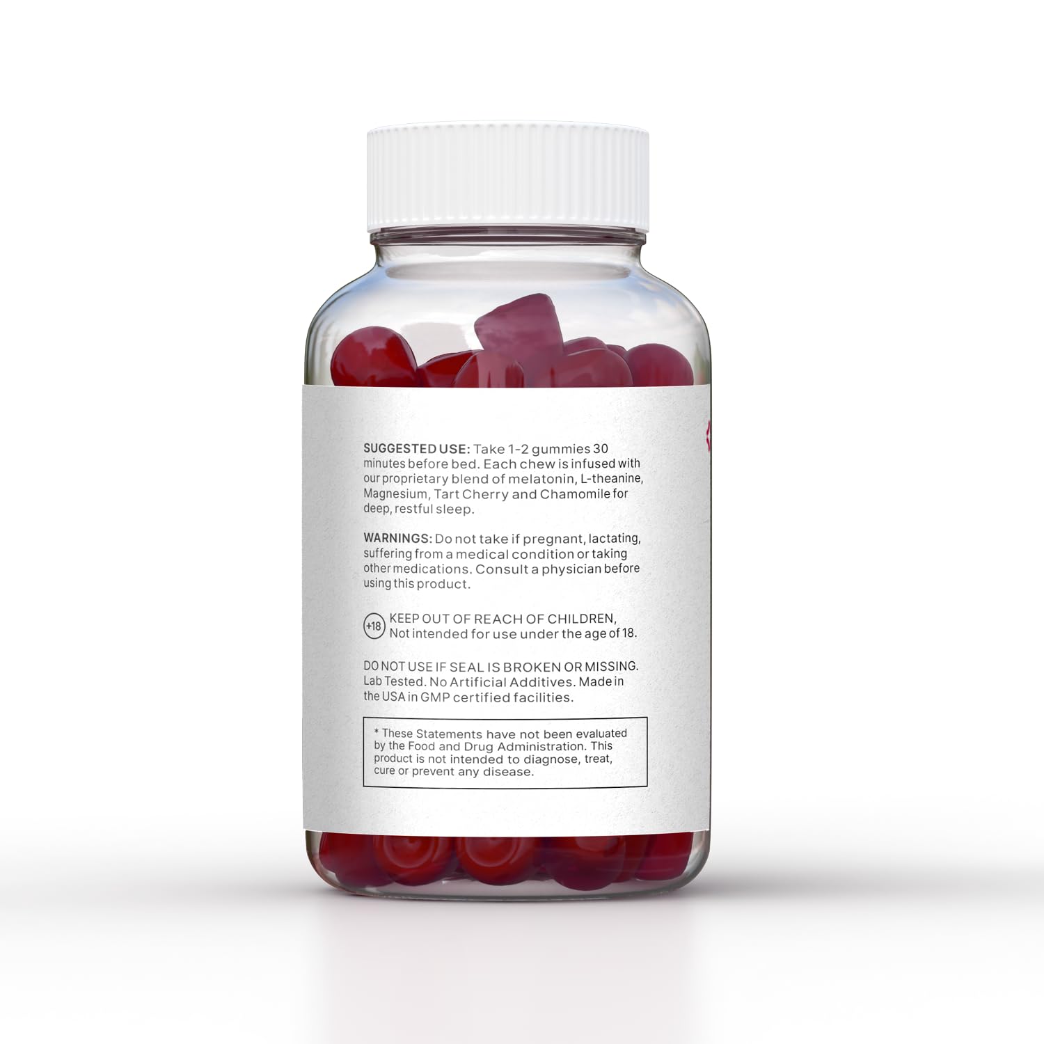 Graphic highlighting natural ingredients: magnesium, L-Theanine, chamomile, tart cherry, melatonin