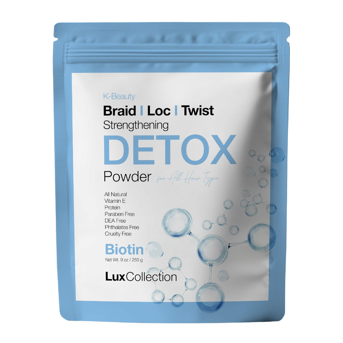 Lux Collection Detox Powder bottle showcasing scalp-purifying formula