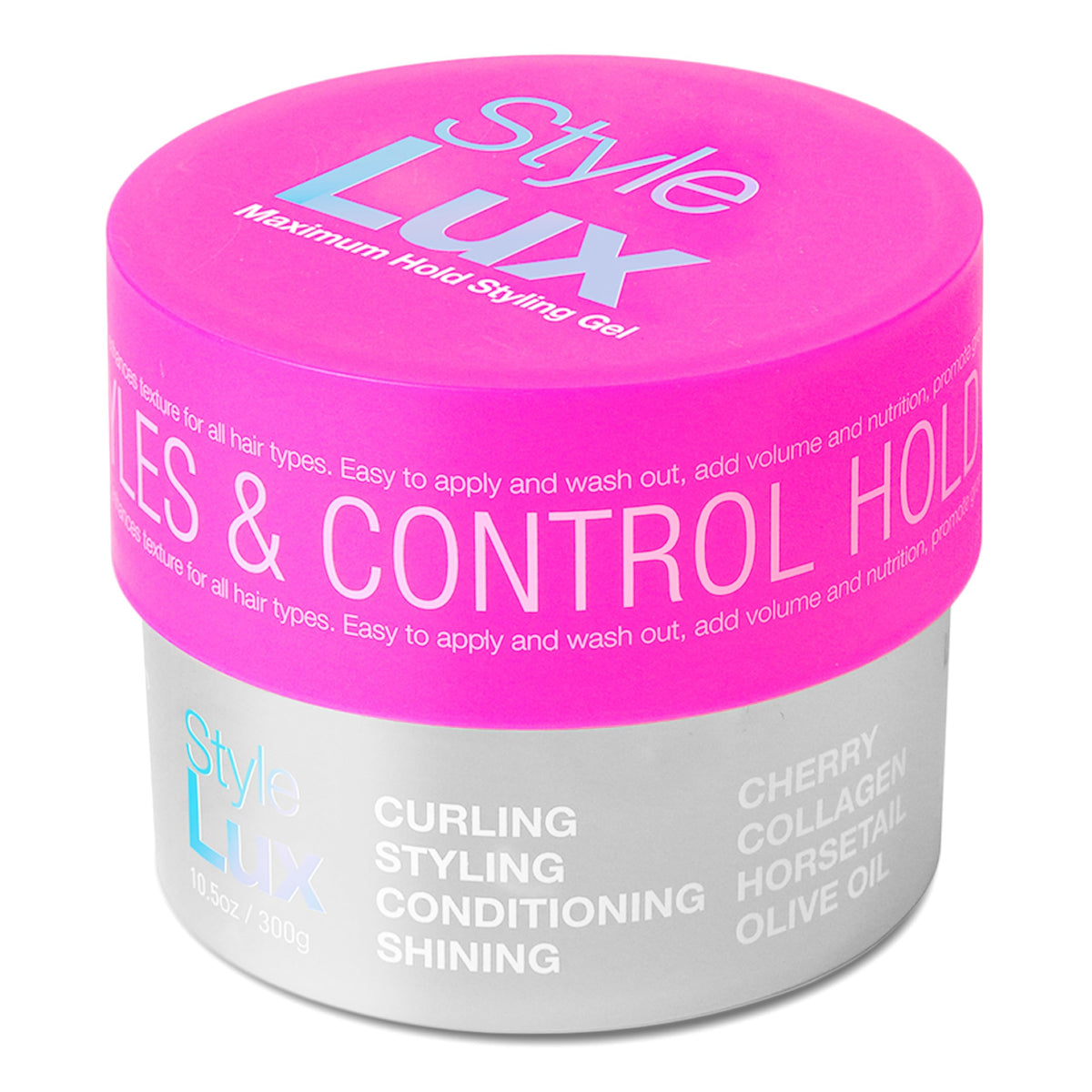 Lux Collection Style Lux bottle close-up highlights the hold-ready formula for protective styles