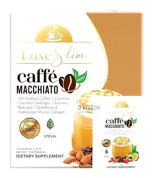 Front view of Luxe Slim Cafe Macchiato packaging with hydrolyzed collagen and glutathione