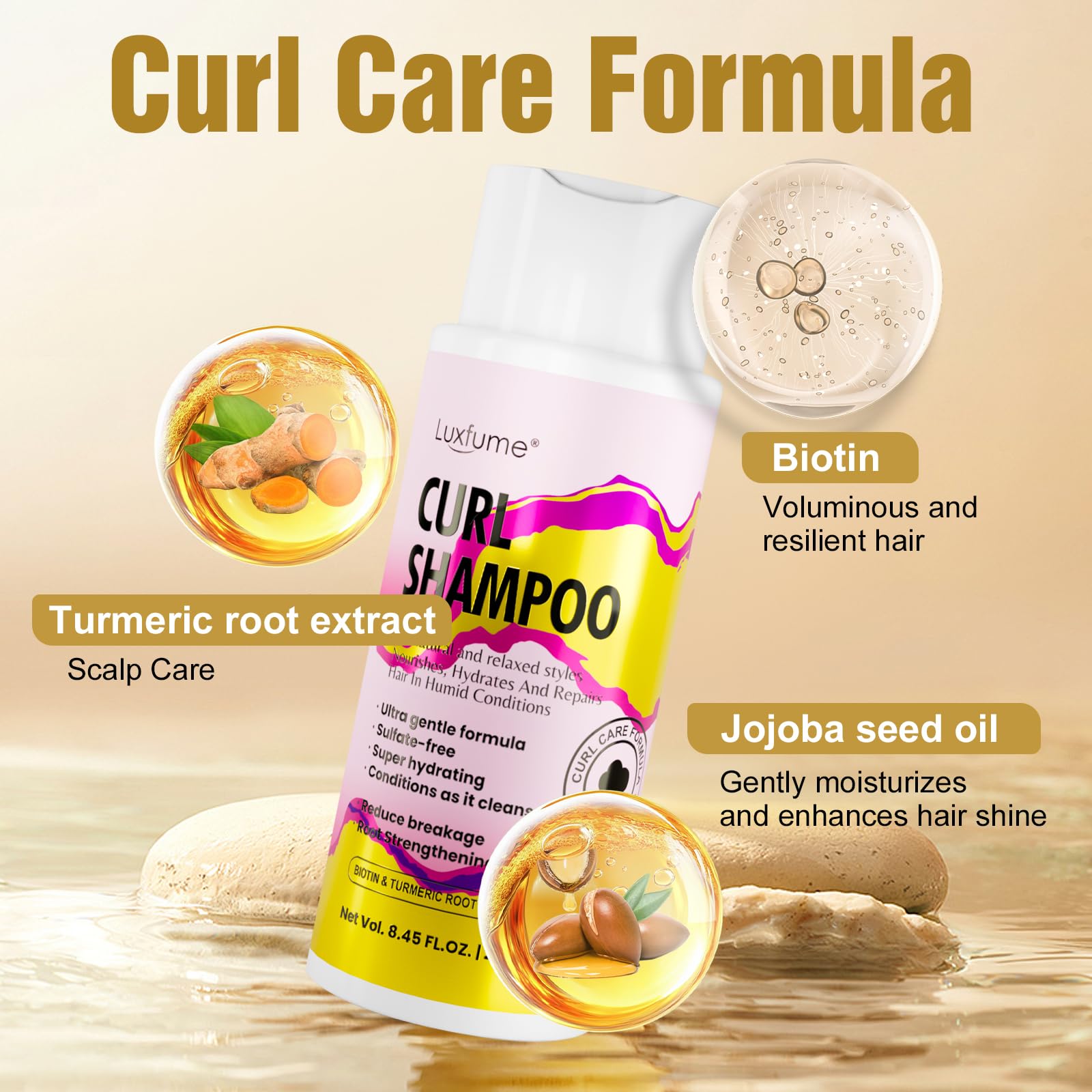 Luxfume Curl Shampoo creamy lather demonstrates gentle cleansing for curly hair.