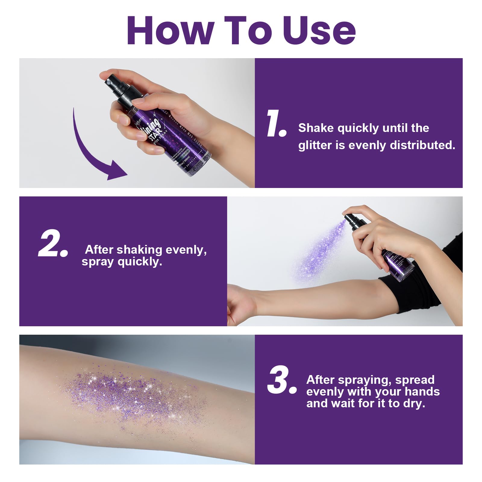Luxfume glitter spray applied to hair for festival sparkle.