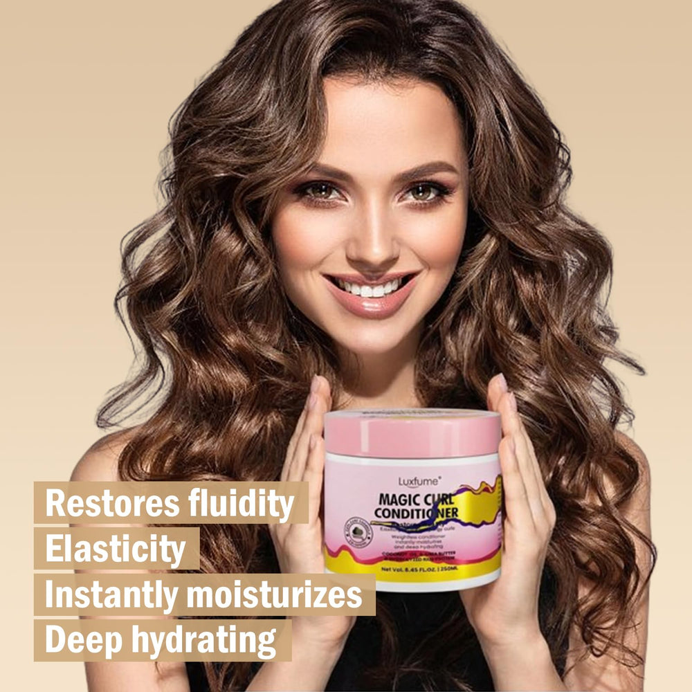 Luxfume Magic Curl Conditioner bottle pour demonstrates quick-penetrating moisture for frizz control.