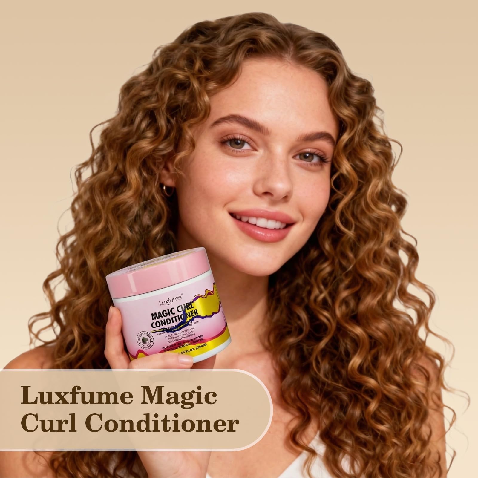 Luxfume Magic Curl Conditioner packaging closeup conveys premium care for curly hair routines.