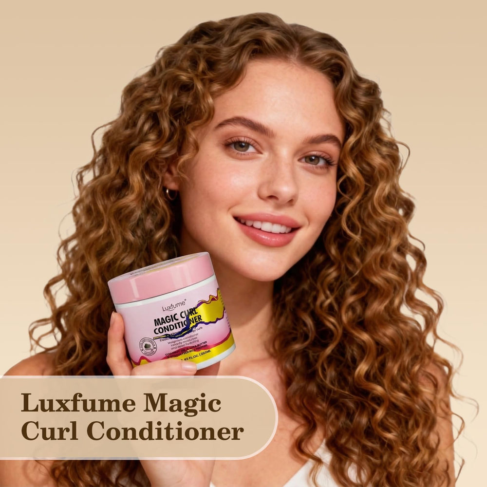 Luxfume Magic Curl Conditioner packaging closeup conveys premium care for curly hair routines.