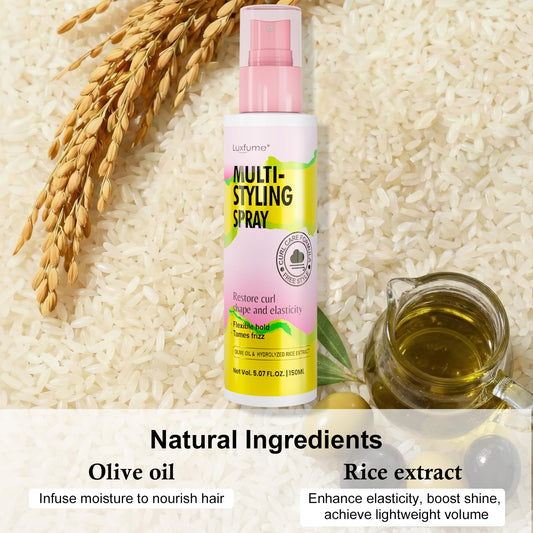 Luxfume Multi-Styling Spray curl definition visuals show defined, bouncy curls.