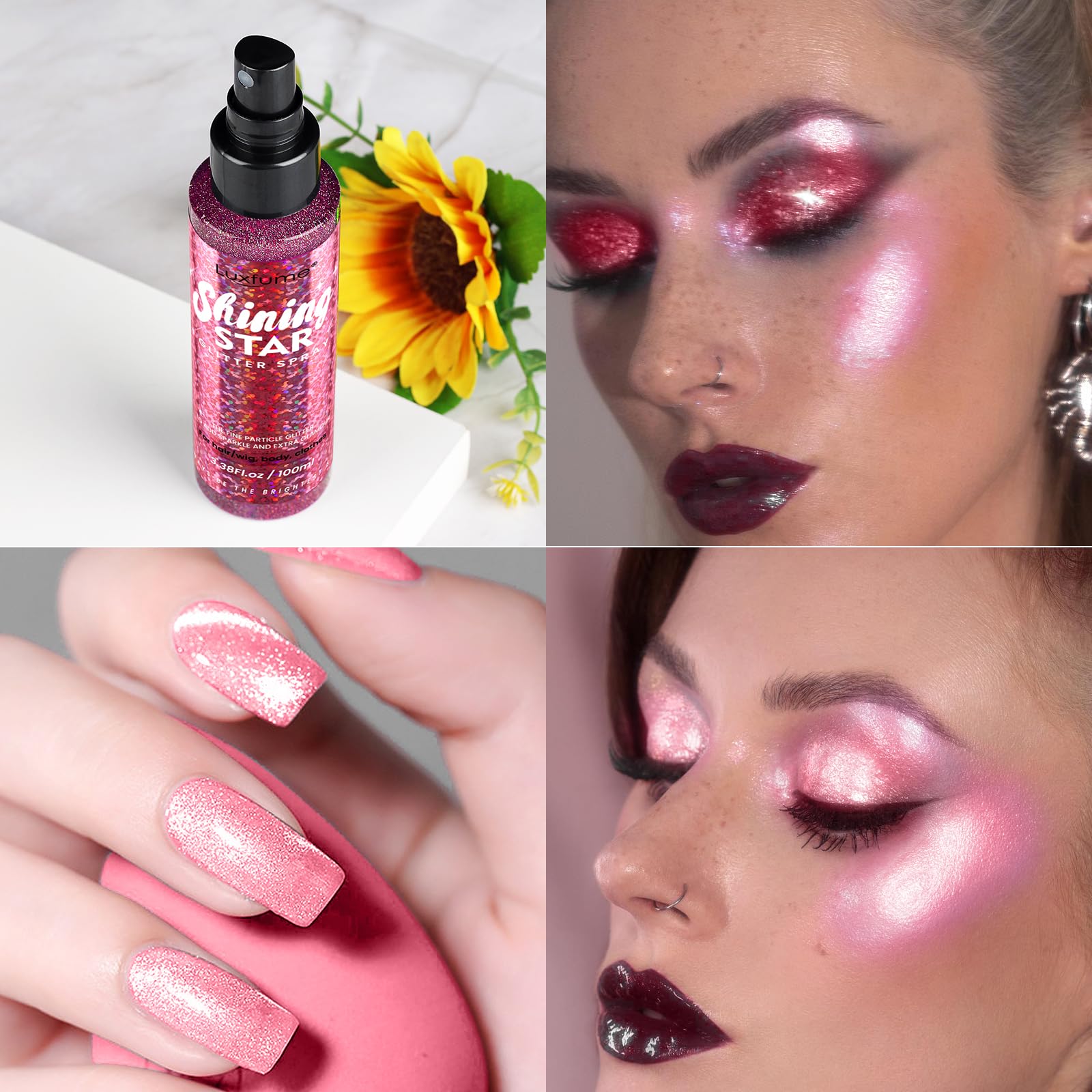 Luxfume Pink Glitter Spray festival look catches light beautifully