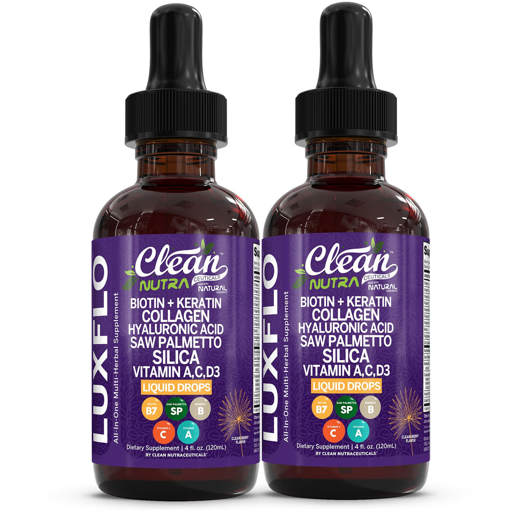LuxGlo by Clean Nutra bottle with drops supports healthy hair, skin, and nails.