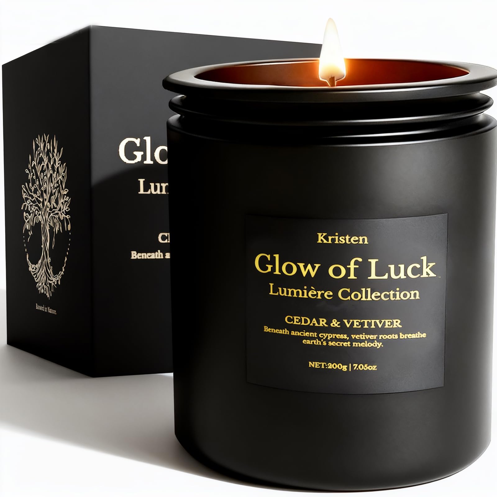 Luxurious cedarwood and vetiver soy candle in a black 7oz jar
