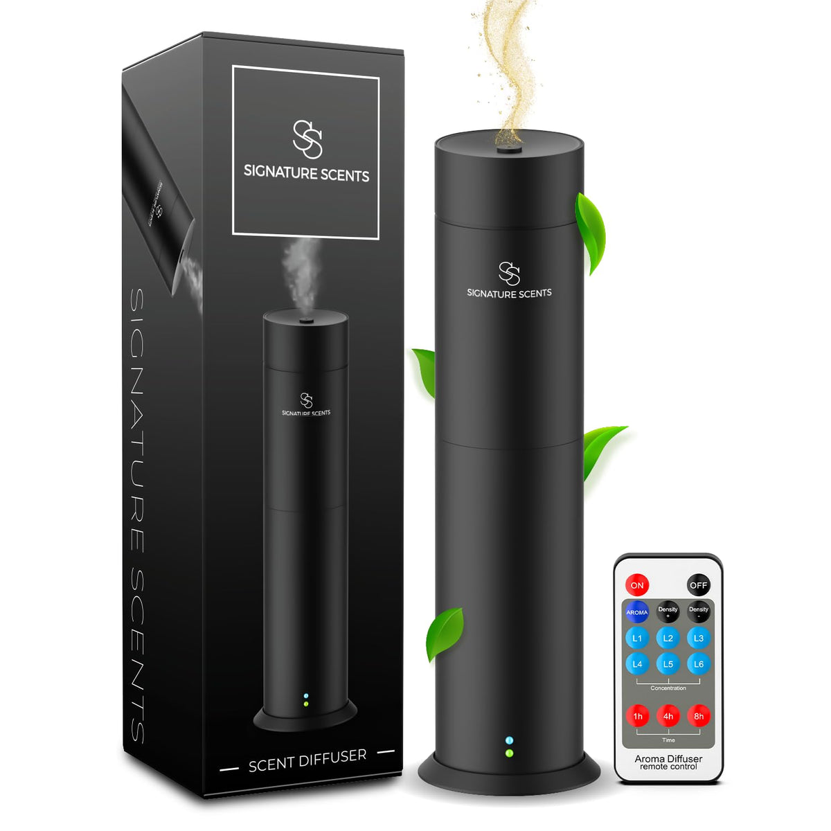 Luxury waterless essential oil diffuser in black, covers up to 1000 sq ft.