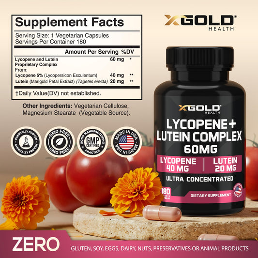 Front view of Lycopene + Lutein 60mg supplement bottle
