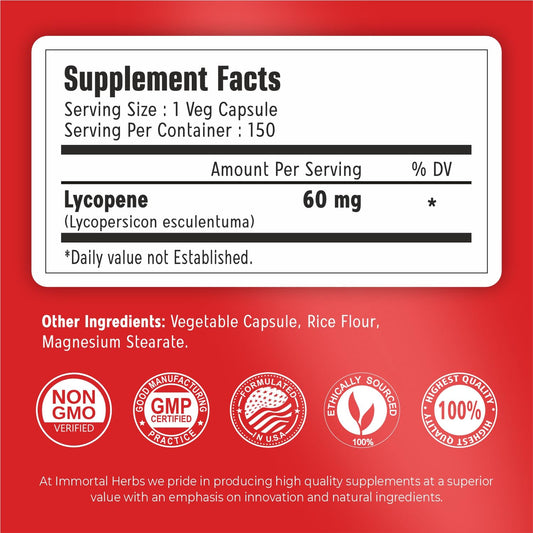 Close-up of lycopene 60mg dose label on bottle