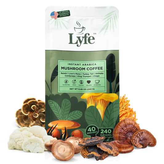 LYFE Organic Instant Mushroom Coffee front label, 40 servings