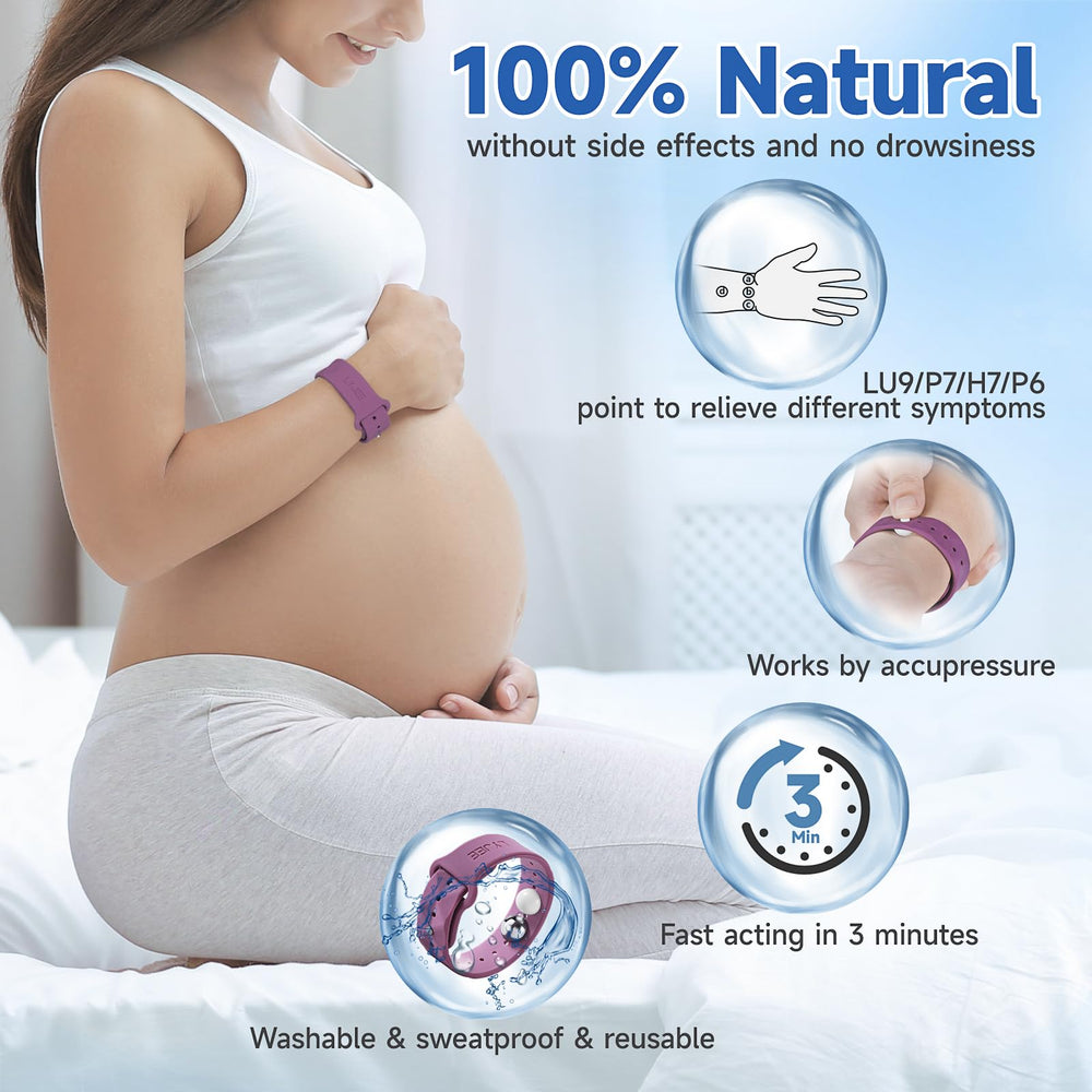 LYJEE motion sickness band worn during pregnancy for gentle nausea support.