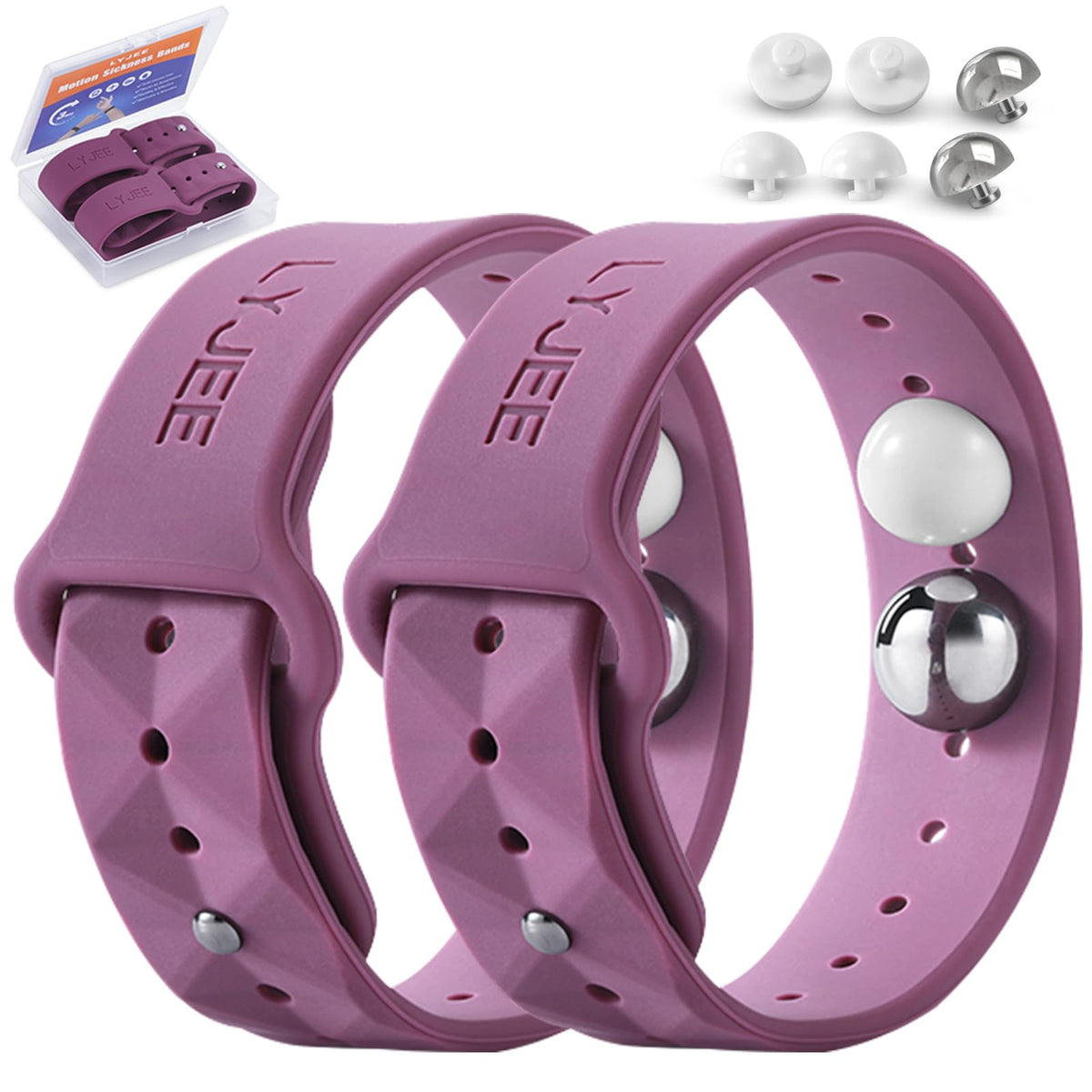 LYJEE motion sickness band on the wrist for travel nausea relief.