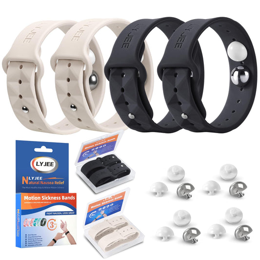 LYJEE Motion Sickness Band closeup shows soft silicone texture for comfortable wear.