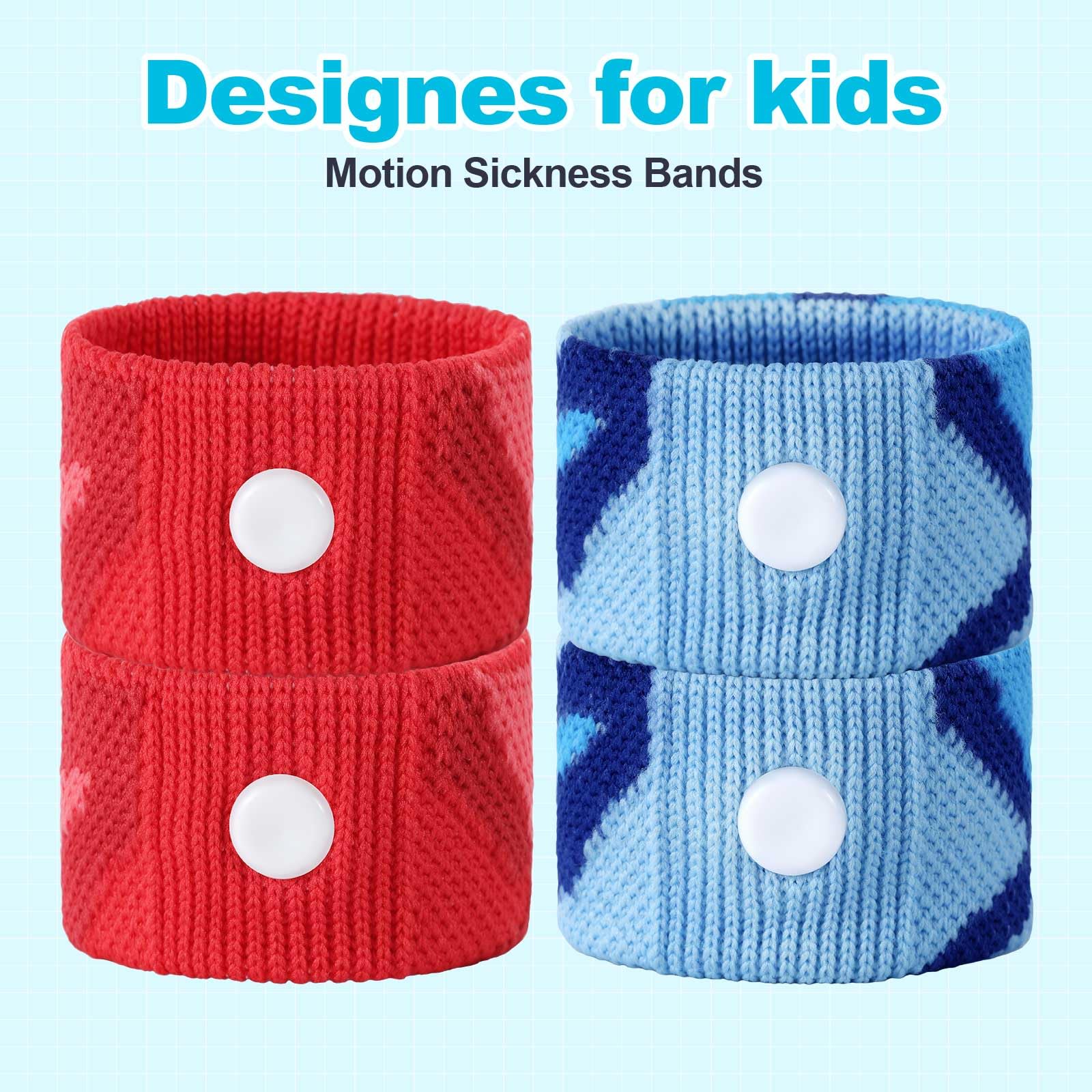 LYJEE motion sickness bands worn on a child's wrist for drug-free travel relief.