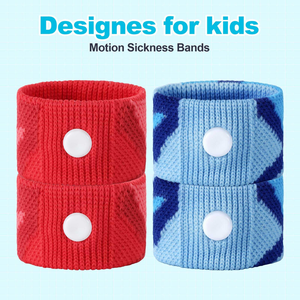 LYJEE motion sickness bands worn on a child's wrist for drug-free travel relief.