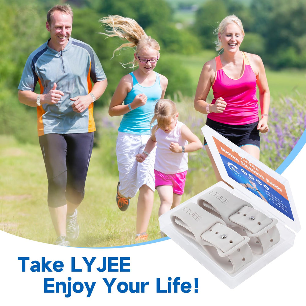 LYJEE Motion Sickness Band packaging shown for easy setup and reuse.