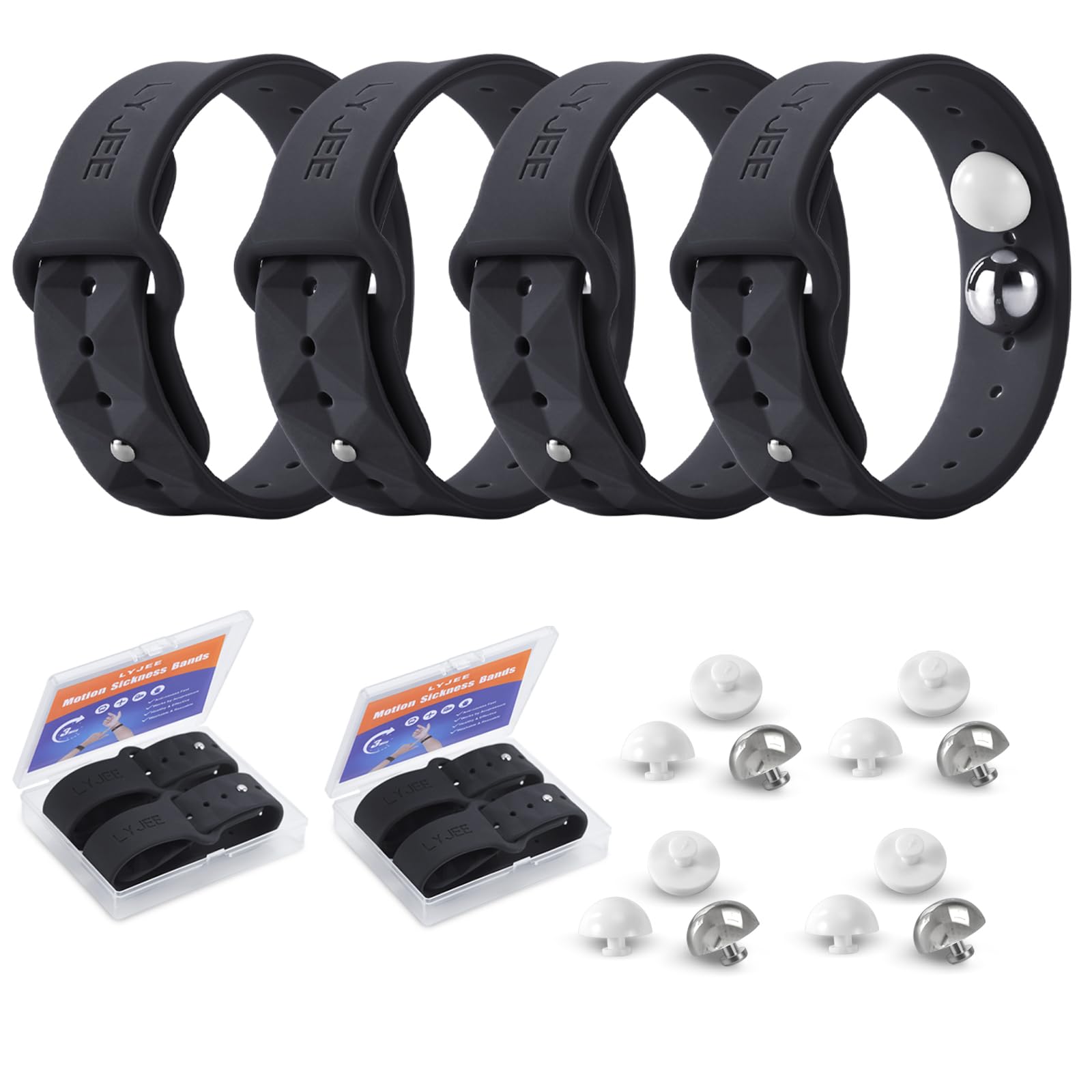 LYJEE motion sickness bands in a pocket case offering portable nausea relief on the go.