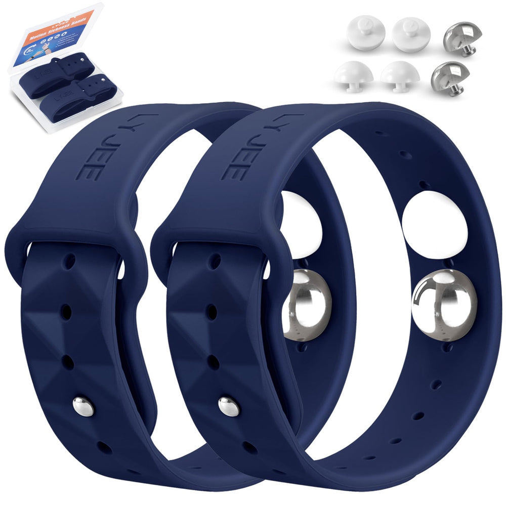 LYJEE Motion Sickness Bands on wrist showing adjustable fit for nausea relief