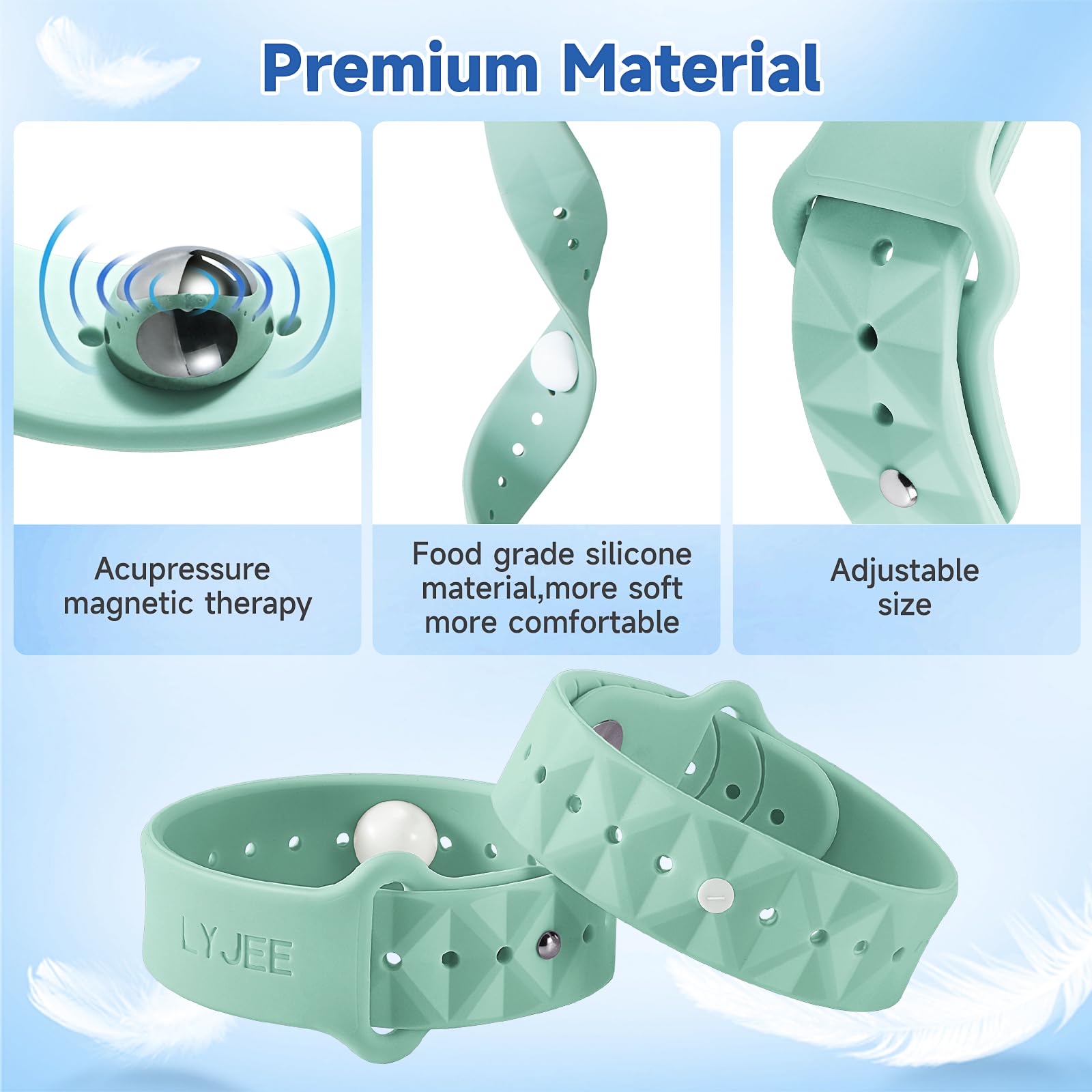 LYJEE motion sickness bands drug-free non-drowsy relief option.