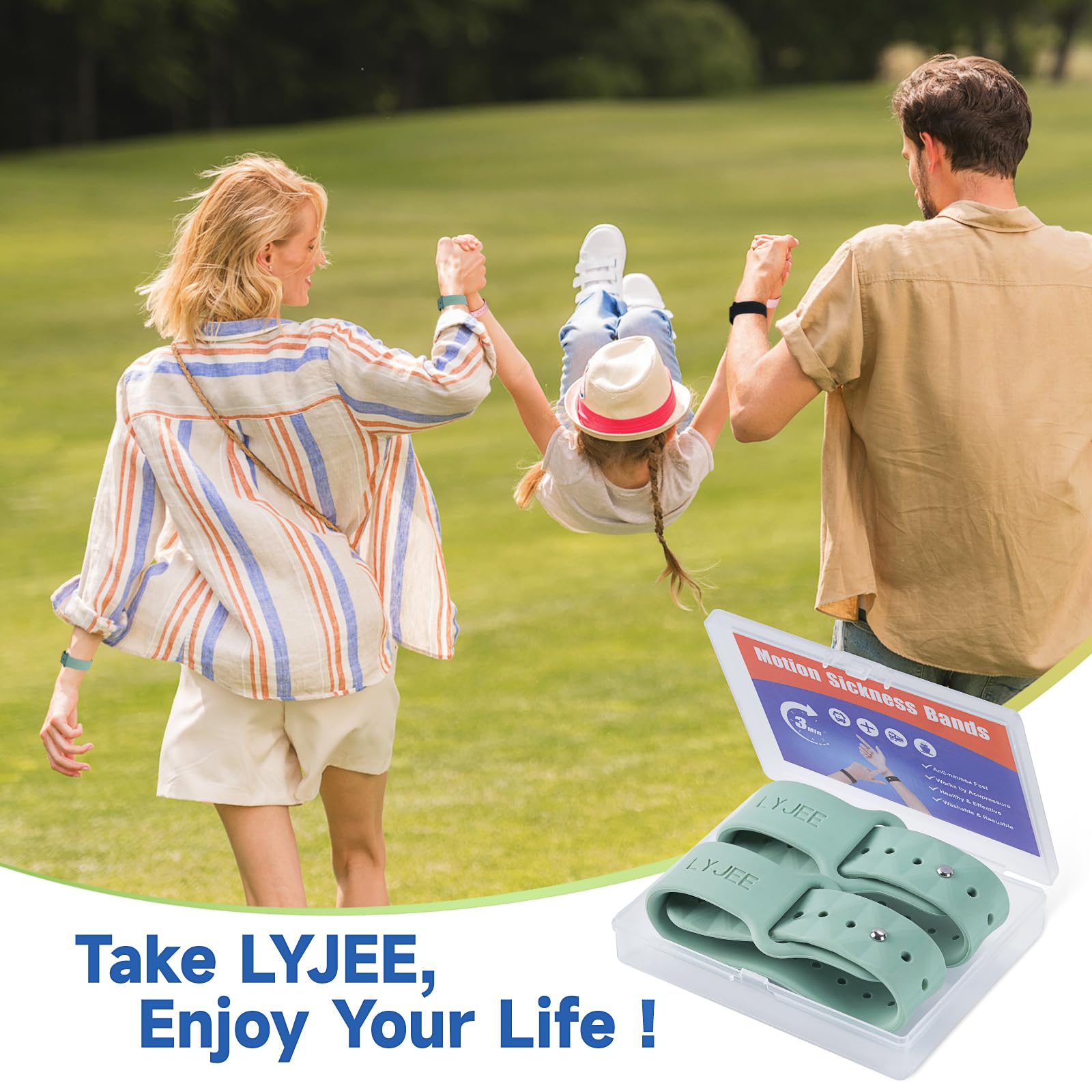 LYJEE motion sickness bands in green for stylish, visible wear.