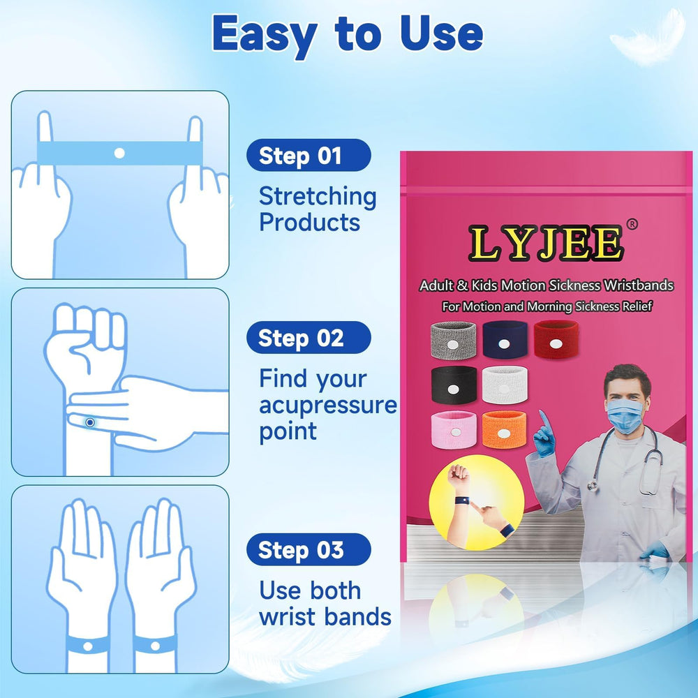 LYJEE motion sickness bracelet travel-use image emphasizes on-the-go nausea relief.