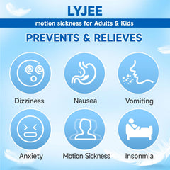 LYJEE Nausea Bands packaging shows portable relief for travel and everyday use.