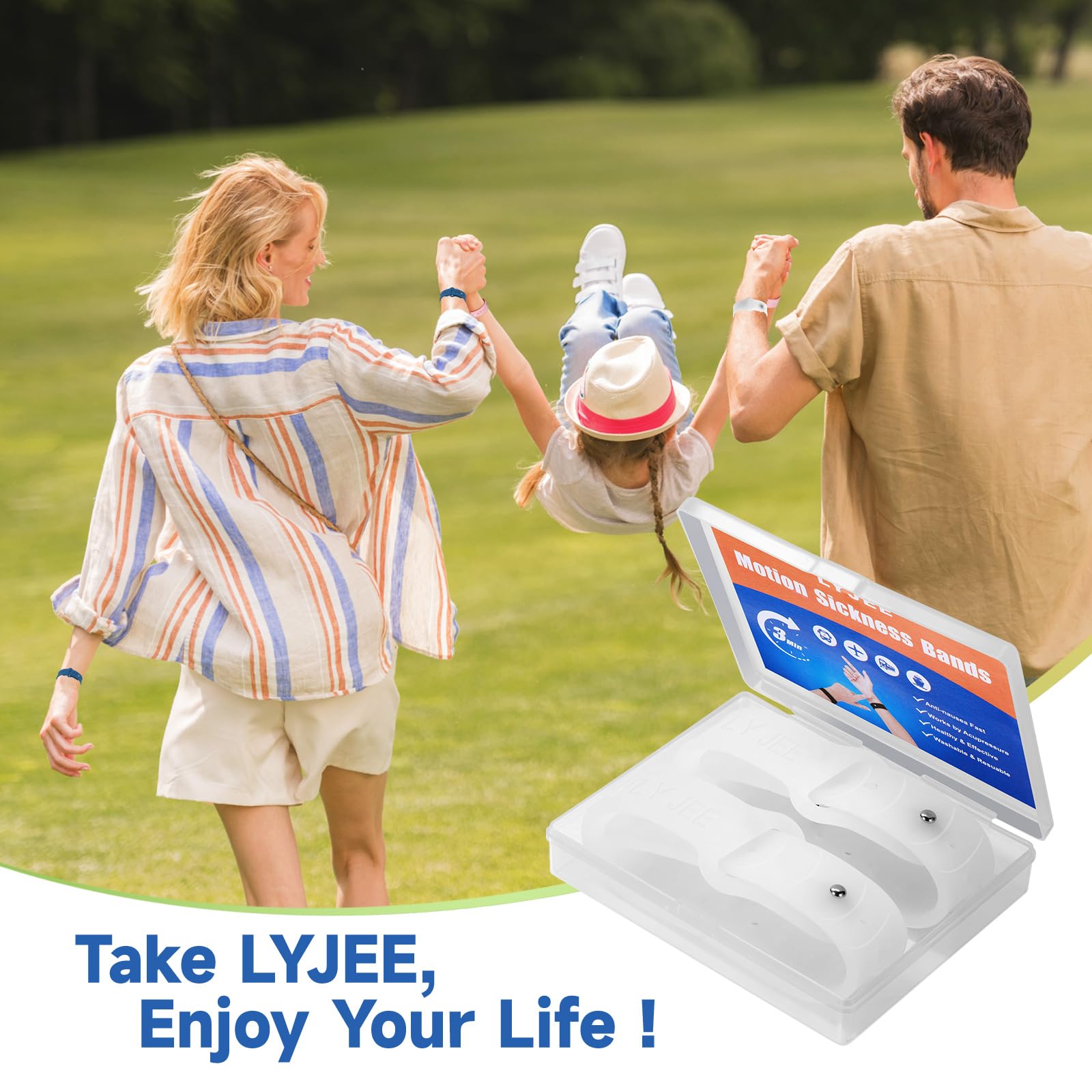 LYJEE Nausea Bands travel image emphasizes portability and quick relief.