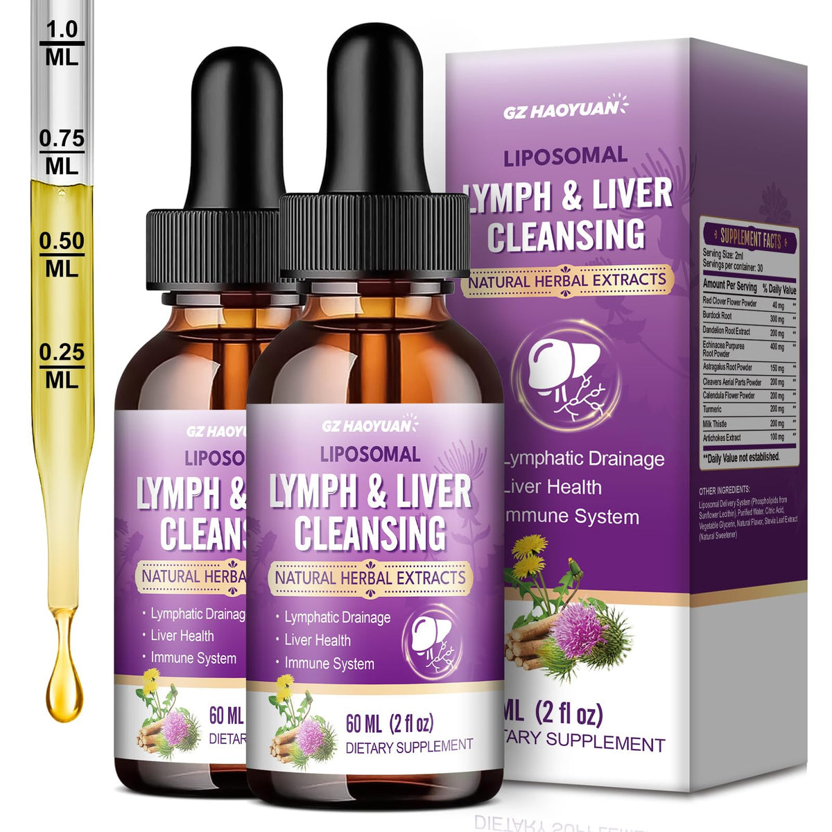 Product bottle labeled Lymph-Liver Cleanse Detox Drops with herbal ingredients