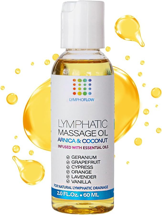 Lymphatic drainage massage oil in a 2 oz bottle with Arnica and coconut oil.