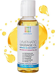 Lymphatic drainage massage oil in a 2 oz bottle with Arnica and coconut oil.