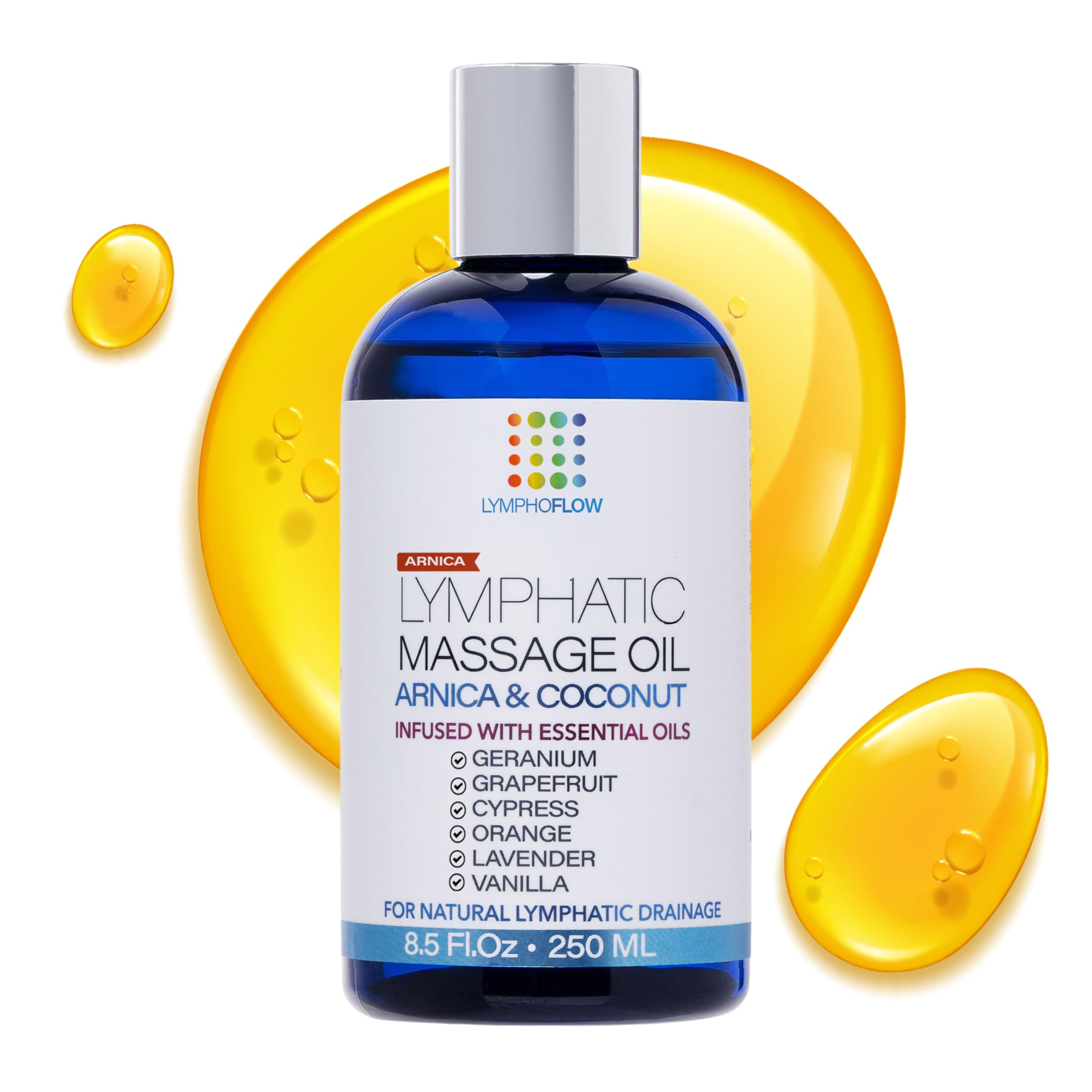 Lymphatic drainage massage oil bottle with Arnica and Coconut (8.5 oz)