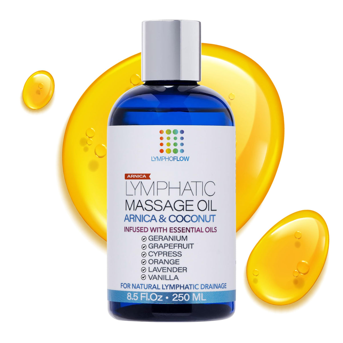 Lymphatic drainage massage oil bottle with Arnica and Coconut (8.5 oz)