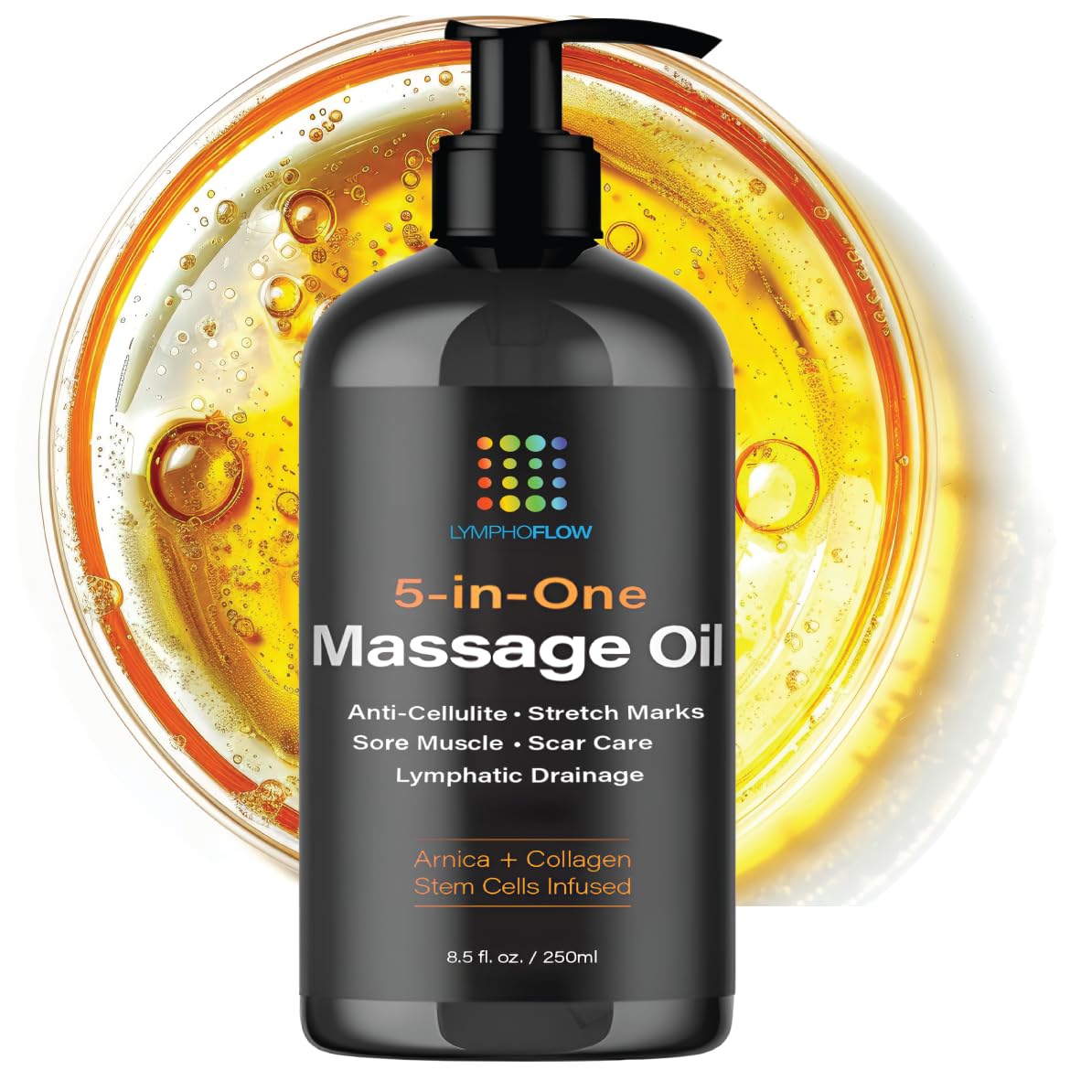 Lymphatic drainage massage oil bottle with Arnica, Collagen and Stem Cells