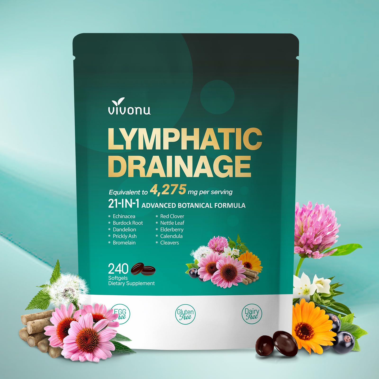 Bottle of Lymphatic Drainage Supplements with 240 softgels