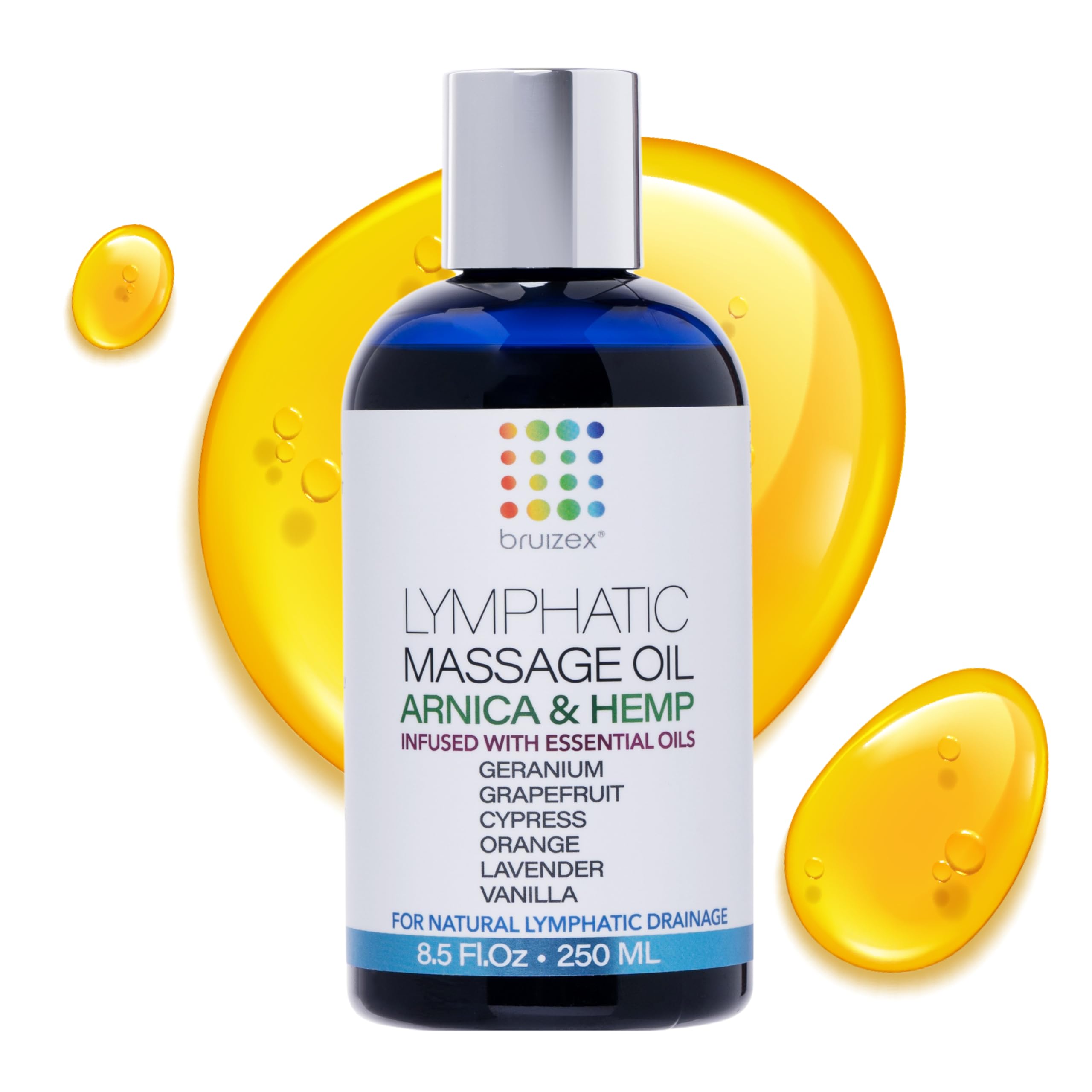 Lymphatic massage oil bottle labeled Arnica & Hemp Seed Oil – 8.5 oz