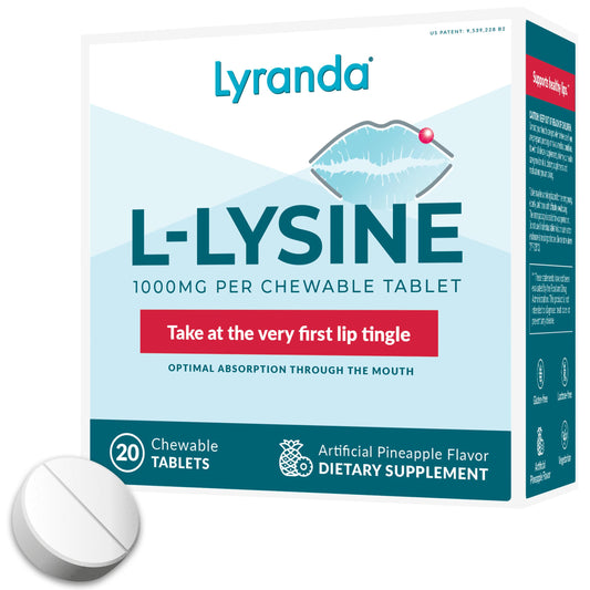 Front view of Lyranda Lysine cold sore chewable tablet 1000mg