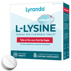 Front view of Lyranda Lysine cold sore chewable tablet 1000mg