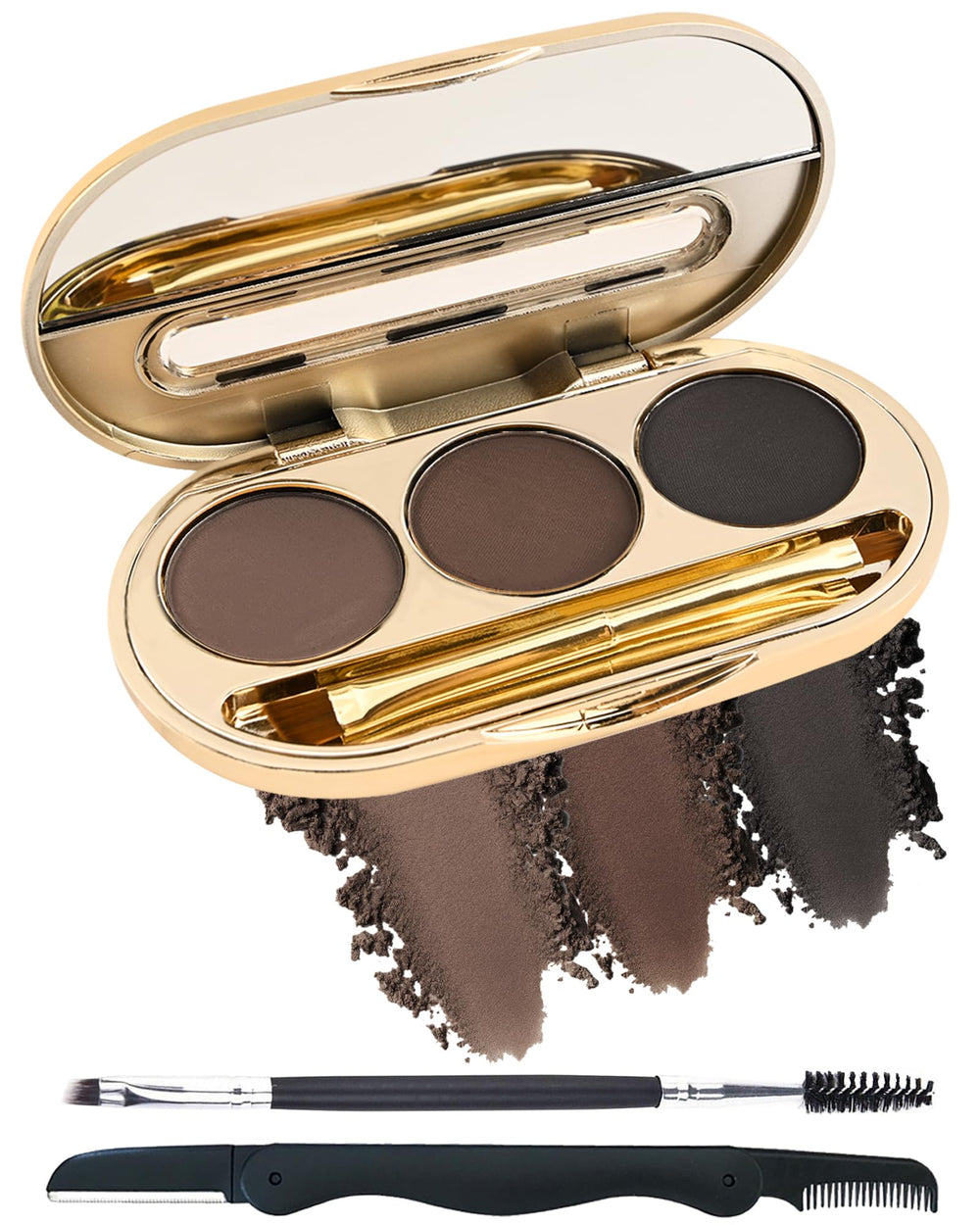 LYSdefeu eyebrow palette closeup with three matte shades for natural definition