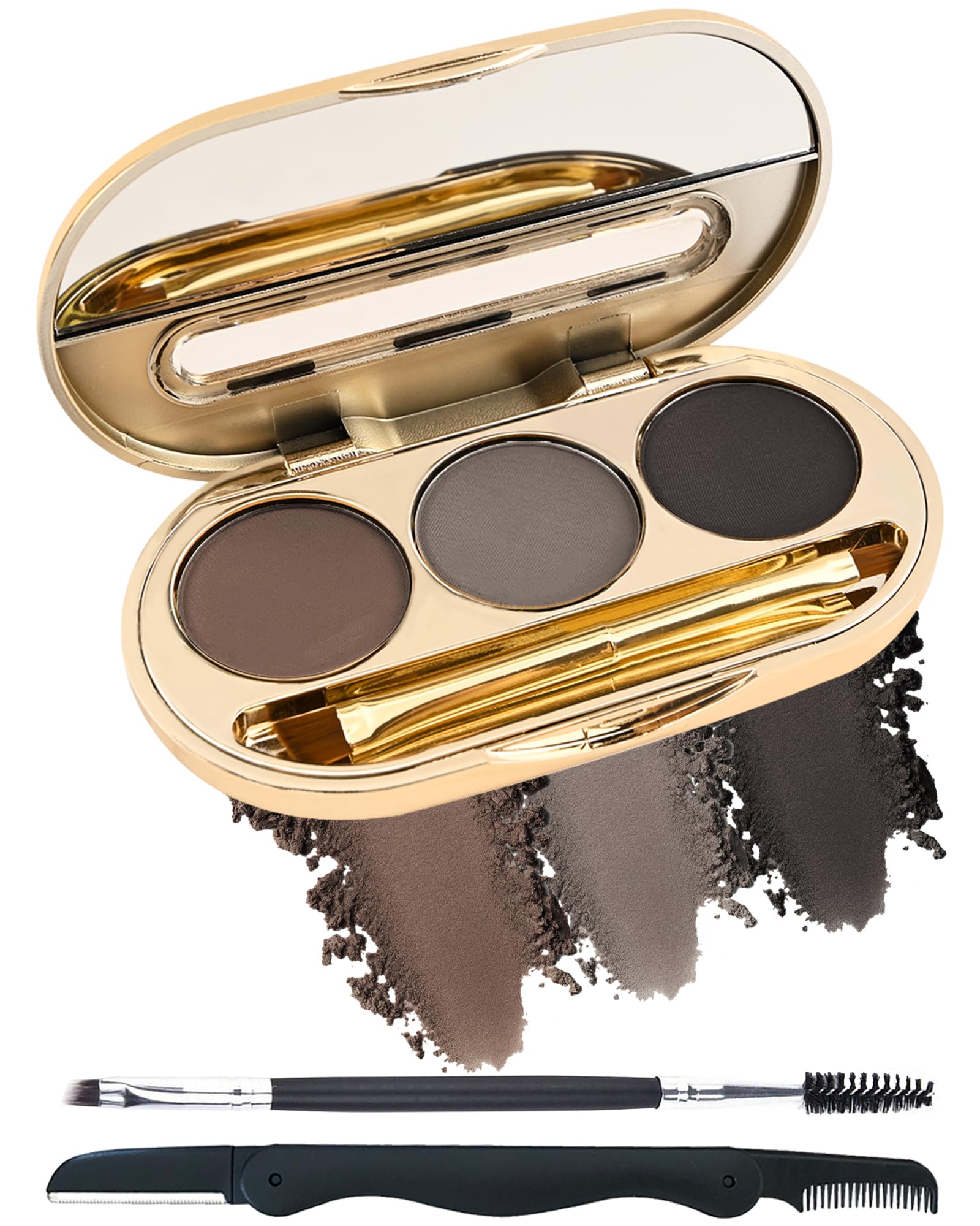 LYSdefeu eyebrow powder palette open with three shades for natural brow definition