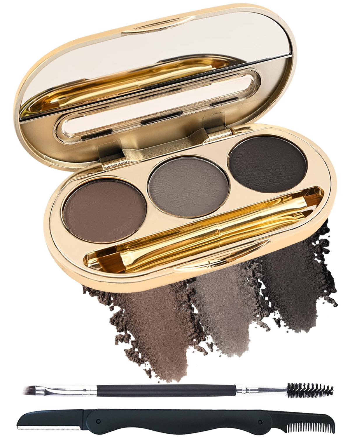 LYSdefeu eyebrow powder palette open with three shades for natural brow definition