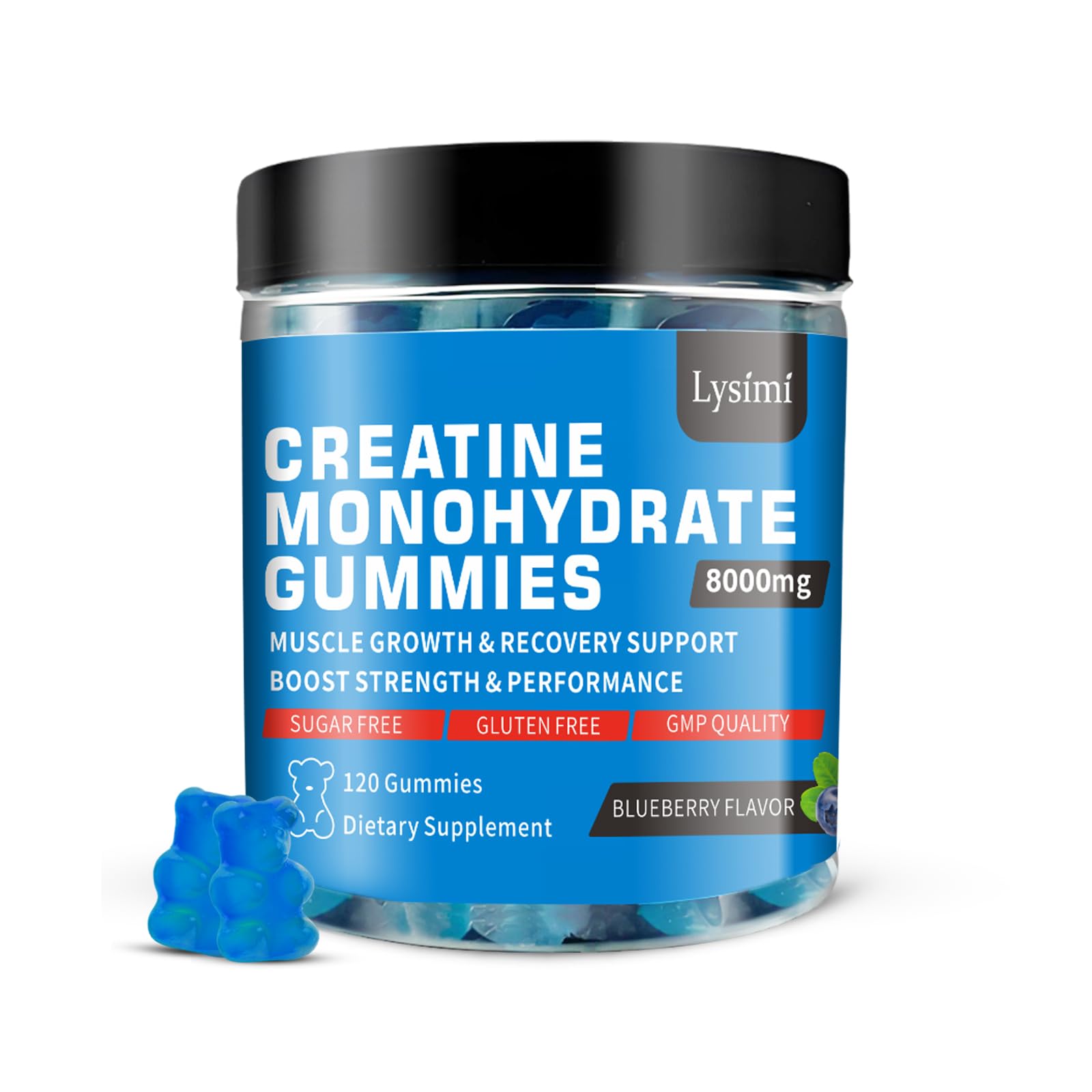 Bottle of Lysimi Creatine Monohydrate Gummies Blueberry flavor – 120 count