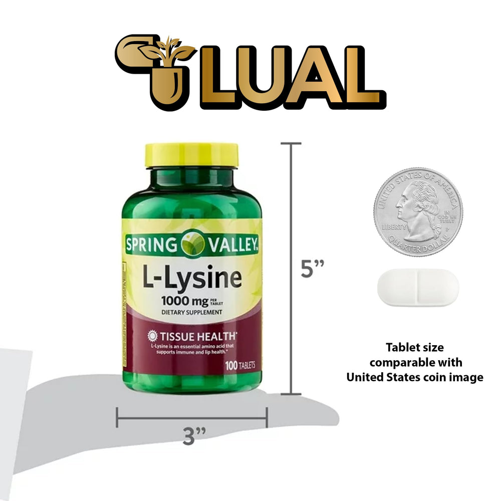 Label emphasizing gluten- and dairy-free L-Lysine 1000 mg supplement